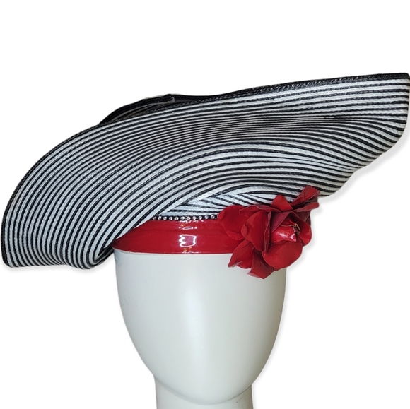 Bellini New York Vintage Black & White striped Hat with Red Rose accent, EUC - Picture 1 of 8